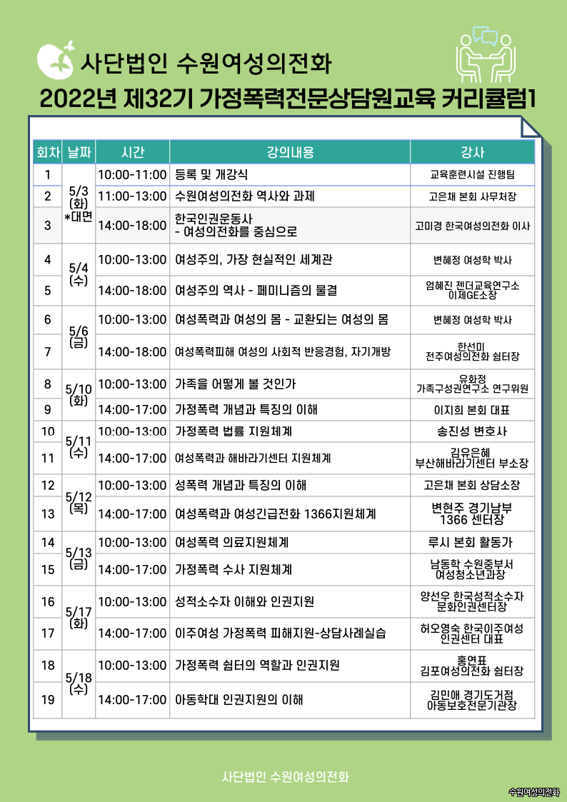 교육안내 - [교육안내] 2022년 수원여성의전화 제32기 가정폭력 전문상담원교육 안내(5/3~31일)*커리큘럼 첨부(마감)